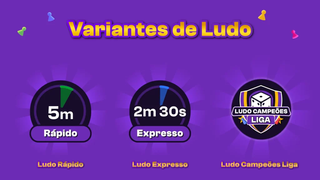 Imagem mostrando as três variantes do Ludo Campeões: Ludo Rapido, Ludo Expresso e Ludo Campeões Liga. Descubra estas opções de ludo, ludo jogo, ludo online, jogo ludo e jogos ludo.