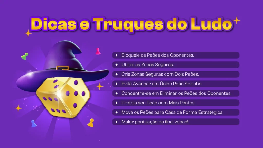 Imagem com dicas e truques para vencer no Ludo: estratégias para movimentar os peões de forma eficiente, bloquear adversários, utilizar zonas seguras e maximizar pontos. Aprenda como aumentar suas chances de ganhar no Ludo.